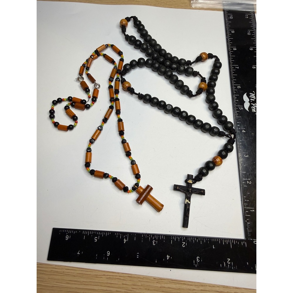 Wood Bead Rosary and Cross Necklace Set Black and Honey Brown Handcrafted Item